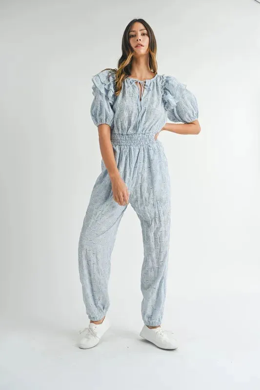MABLE Eyelet Lace Ruffle Shoulder Jumpsuit