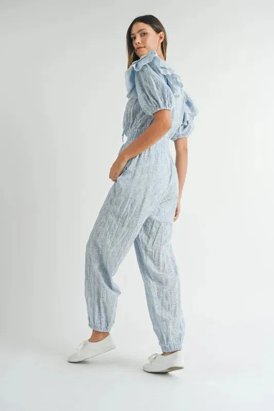 MABLE Eyelet Lace Ruffle Shoulder Jumpsuit