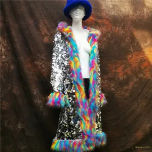 Maramalive™ New Fashion cute women  Colorful Faux fox fur rainbow Sequined hood Nightclub long coat  jacket Stage party  costumes