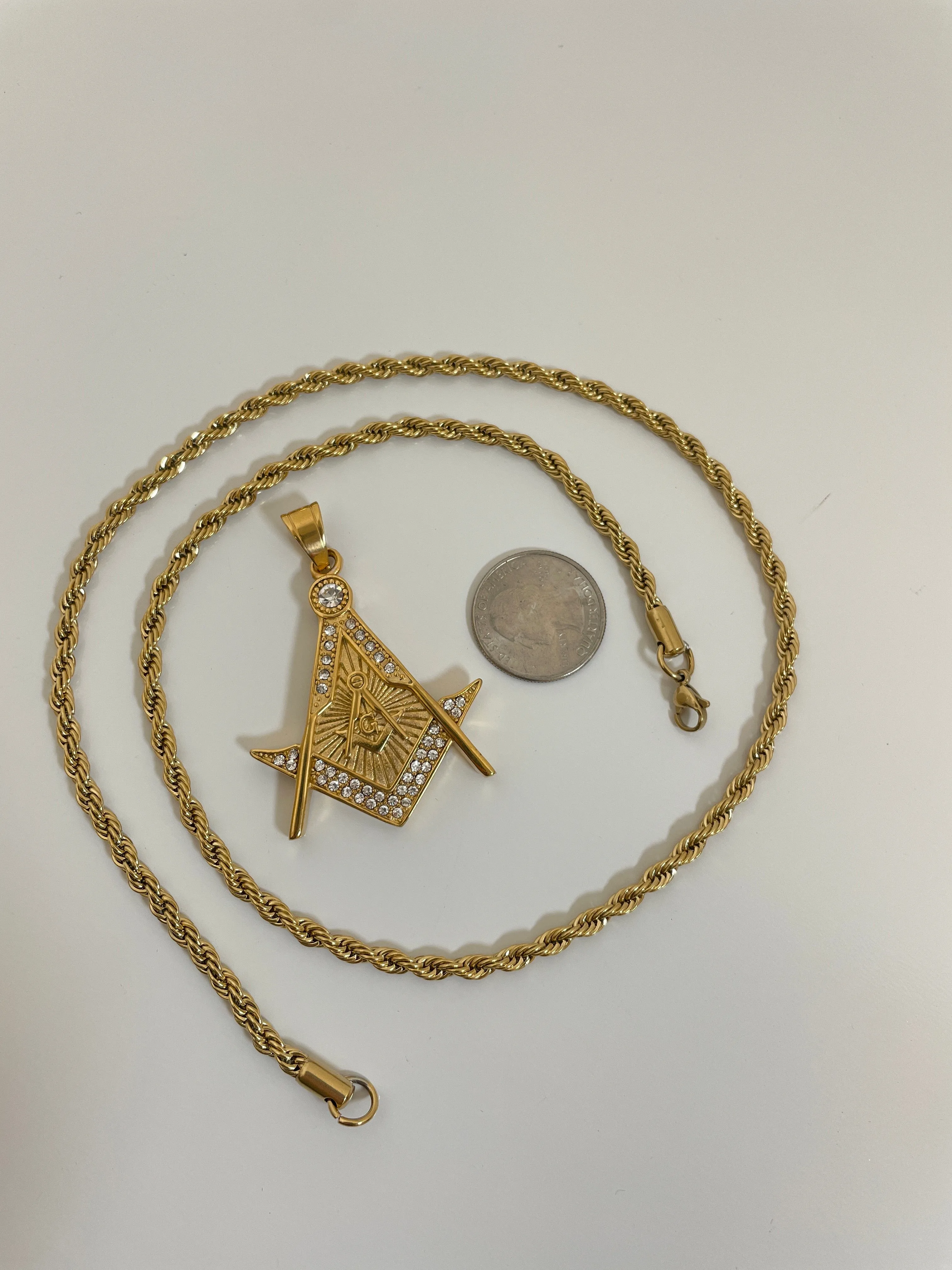 Mason Pendant with 14K Gold Filled Rope Necklace Chain 4mm 24" Set for Men or Women