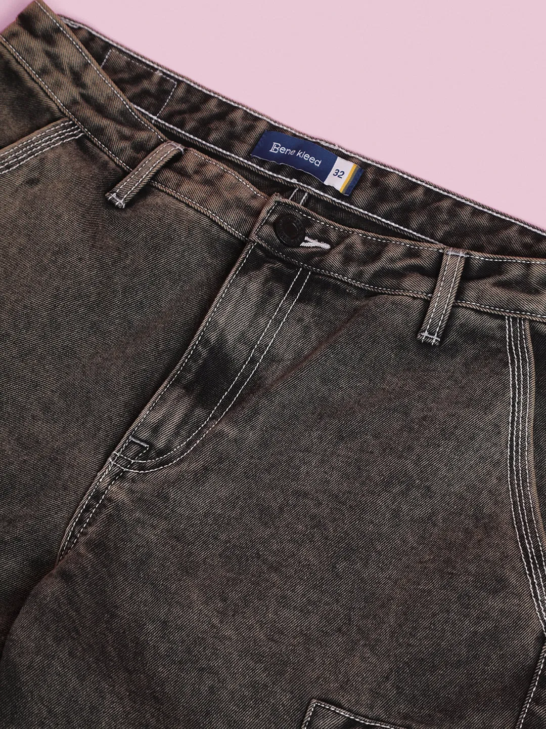 Men Charcoal Cropped Loose Fit Solid Cargo Jeans