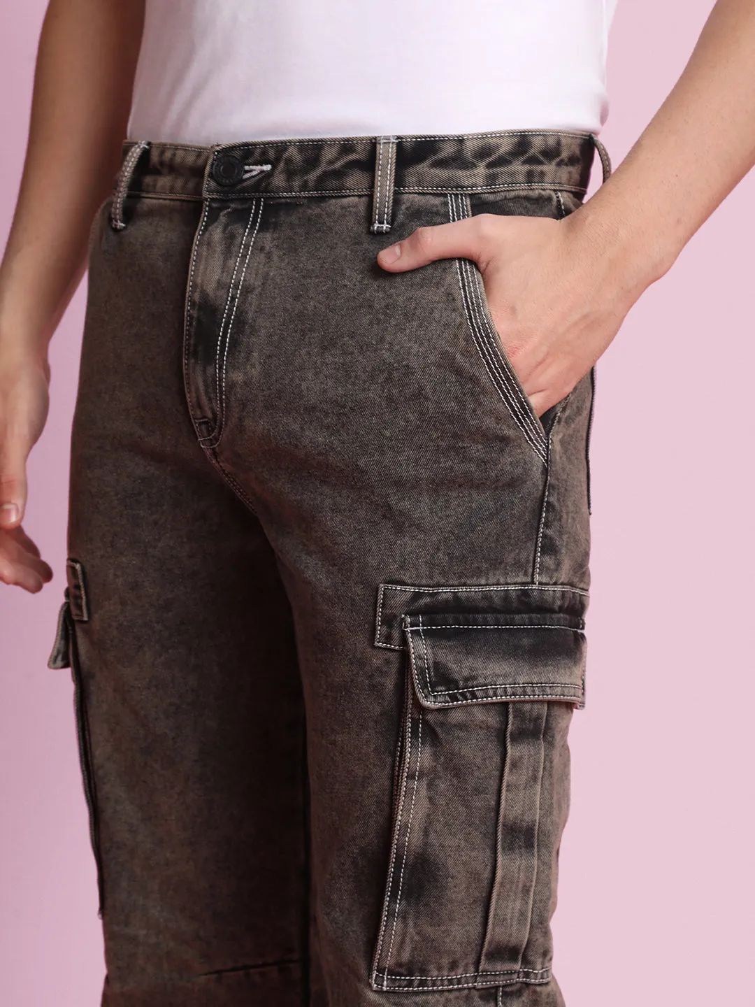 Men Charcoal Cropped Loose Fit Solid Cargo Jeans
