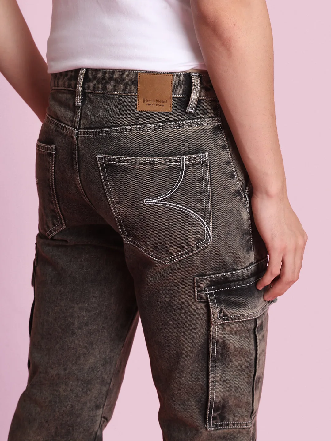Men Charcoal Cropped Loose Fit Solid Cargo Jeans