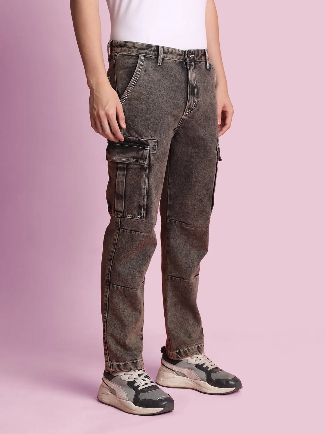 Men Charcoal Cropped Loose Fit Solid Cargo Jeans