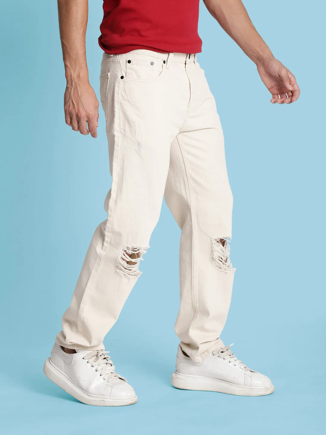 Men Ecru Knee Slash Relax Fit Jeans