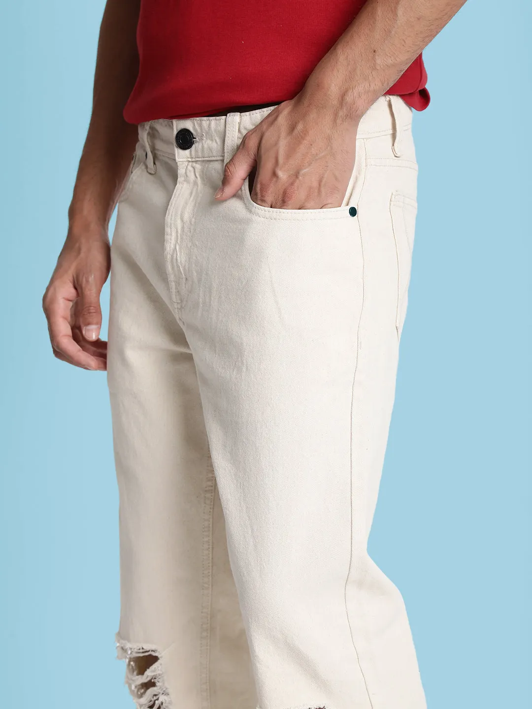Men Ecru Knee Slash Relax Fit Jeans
