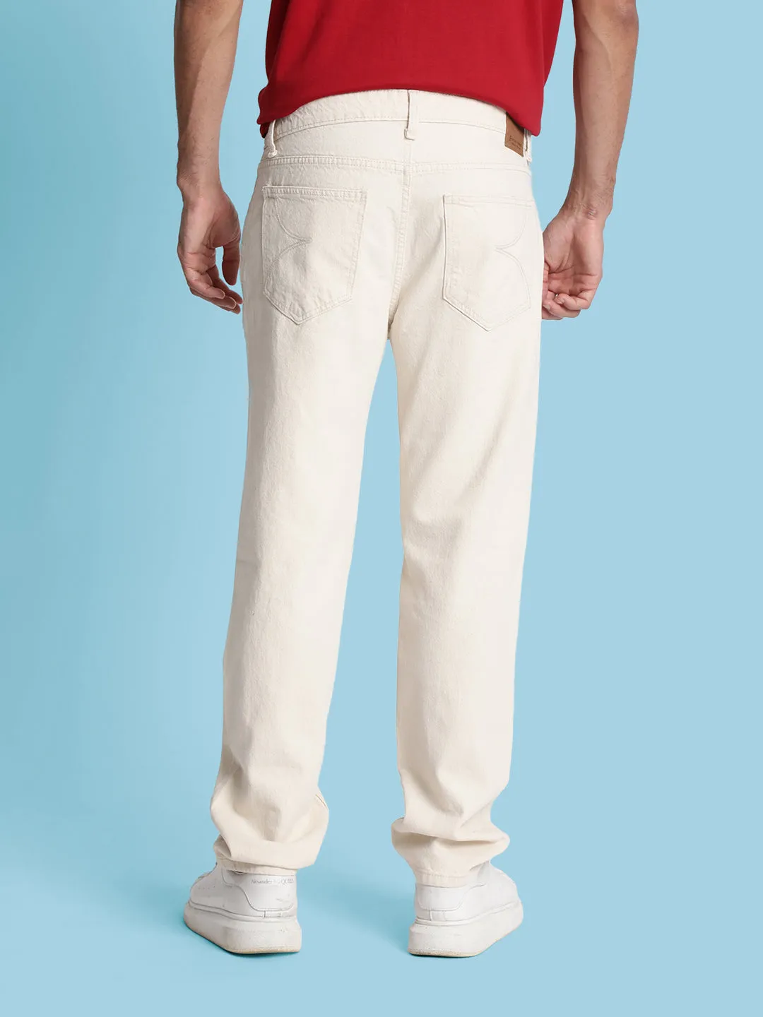 Men Ecru Knee Slash Relax Fit Jeans