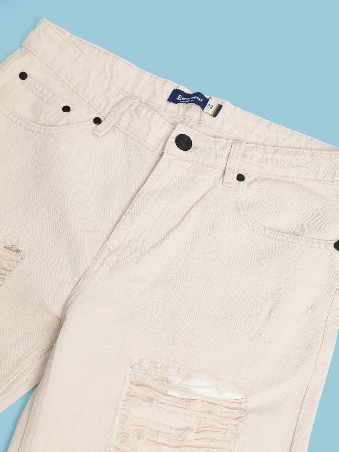 Men Ecru Relaxed-Fit Distressed Jeans