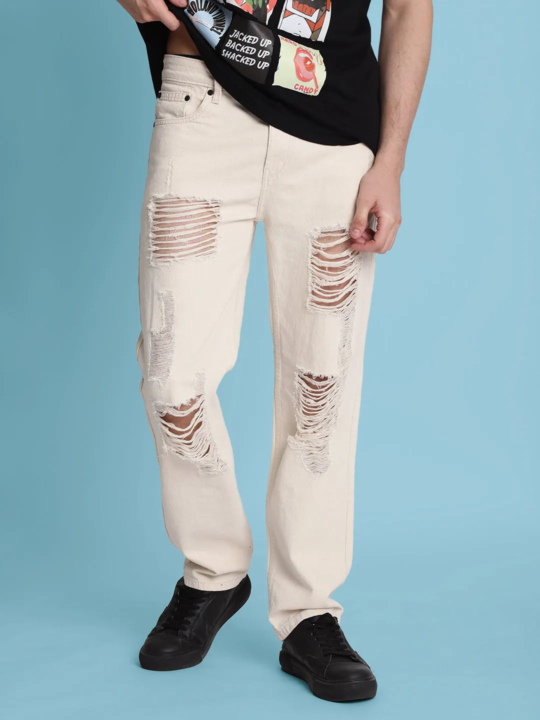 Men Ecru Relaxed-Fit Distressed Jeans