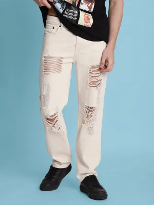 Men Ecru Relaxed-Fit Distressed Jeans