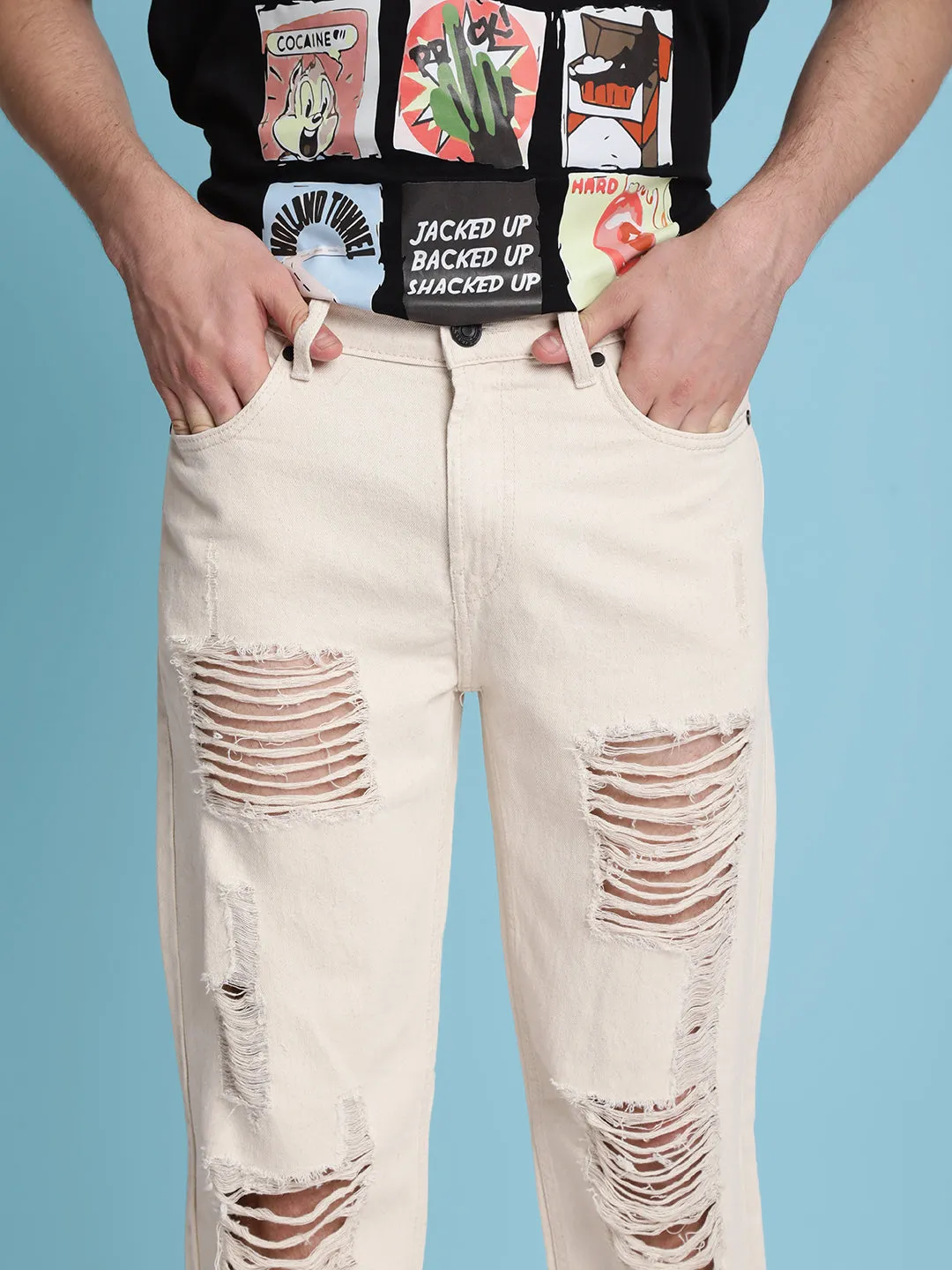 Men Ecru Relaxed-Fit Distressed Jeans