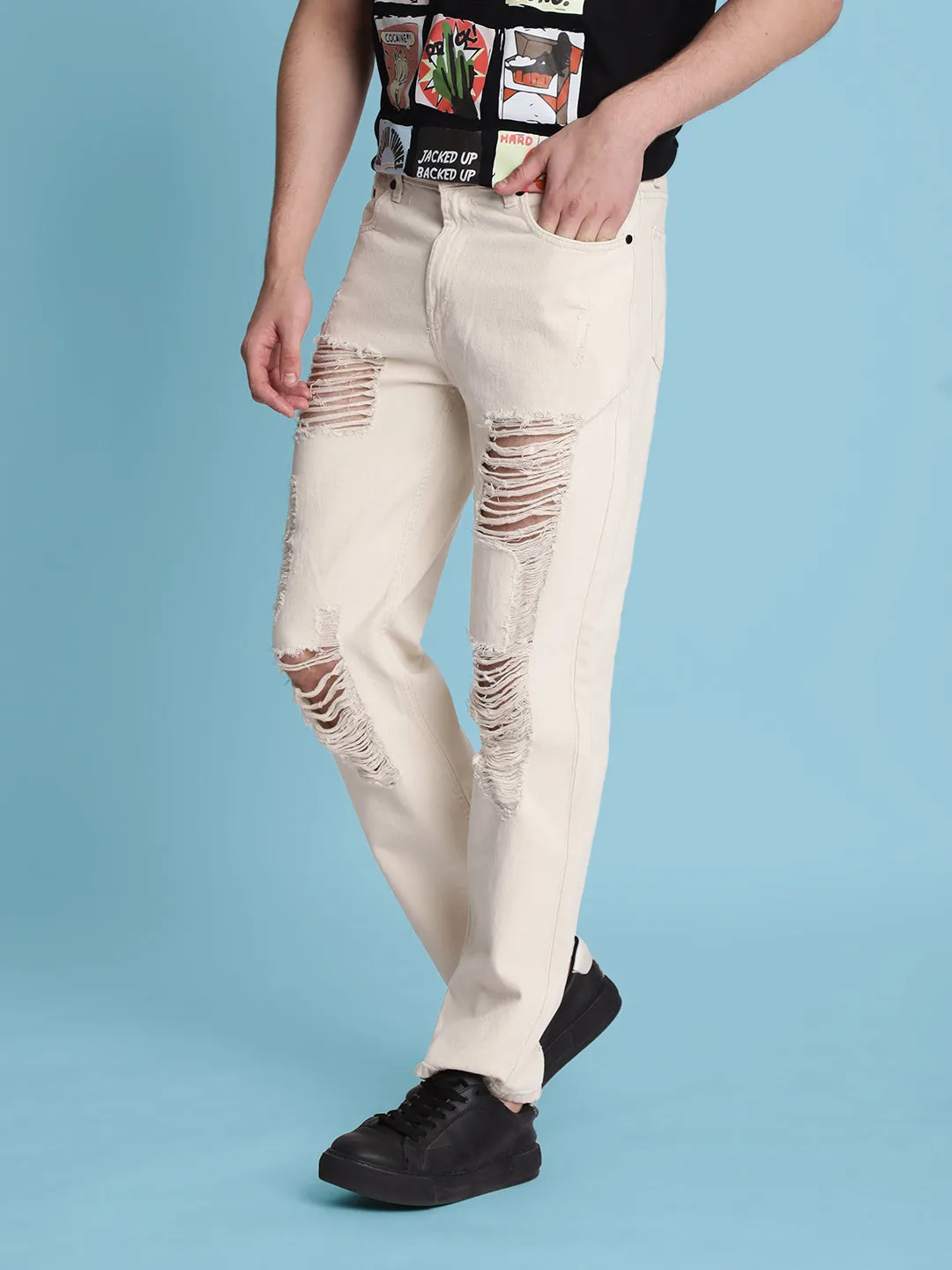 Men Ecru Relaxed-Fit Distressed Jeans