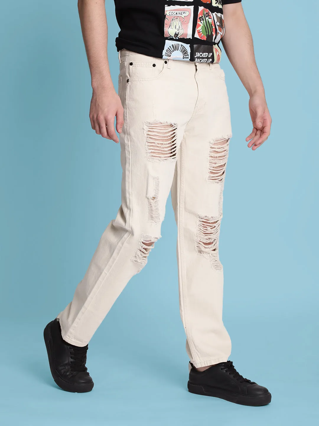 Men Ecru Relaxed-Fit Distressed Jeans