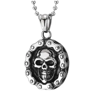 Men Steel Motorcycle Bike Chain Skulls Oval Medal Pendant Necklace with 23.6 inches Ball Chain