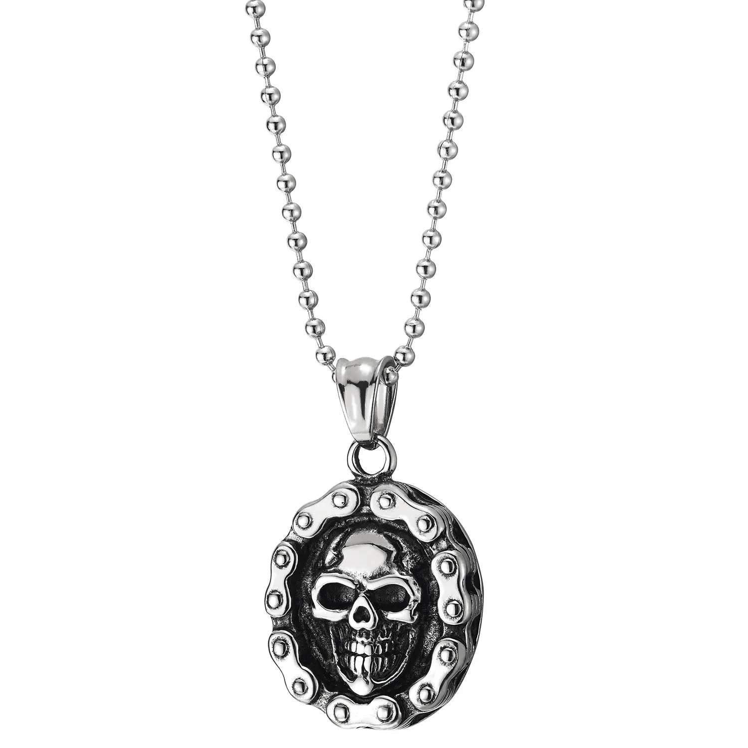 Men Steel Motorcycle Bike Chain Skulls Oval Medal Pendant Necklace with 23.6 inches Ball Chain