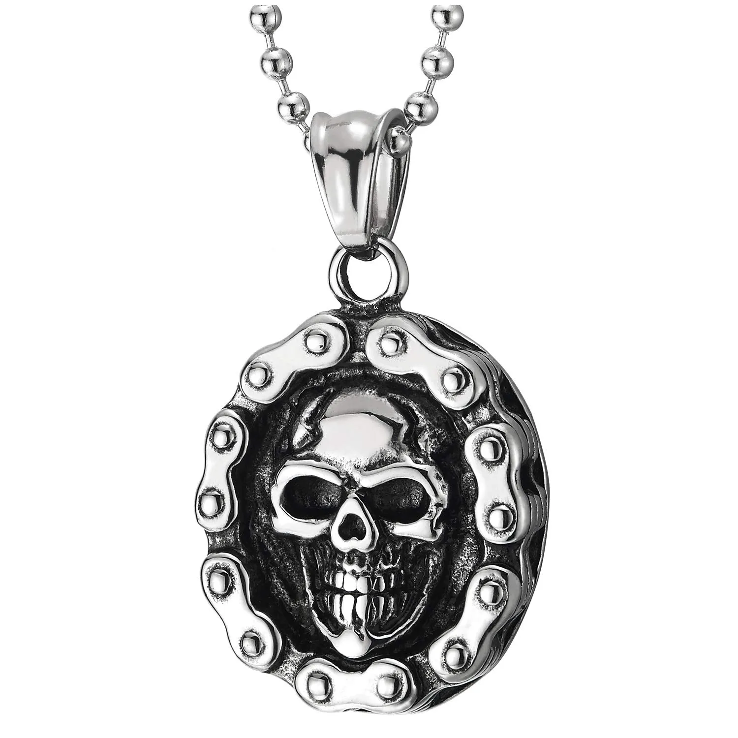 Men Steel Motorcycle Bike Chain Skulls Oval Medal Pendant Necklace with 23.6 inches Ball Chain