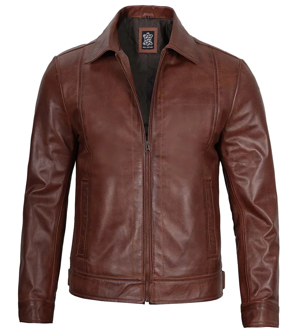 Mens Reeves Brown Real Leather Biker Jacket