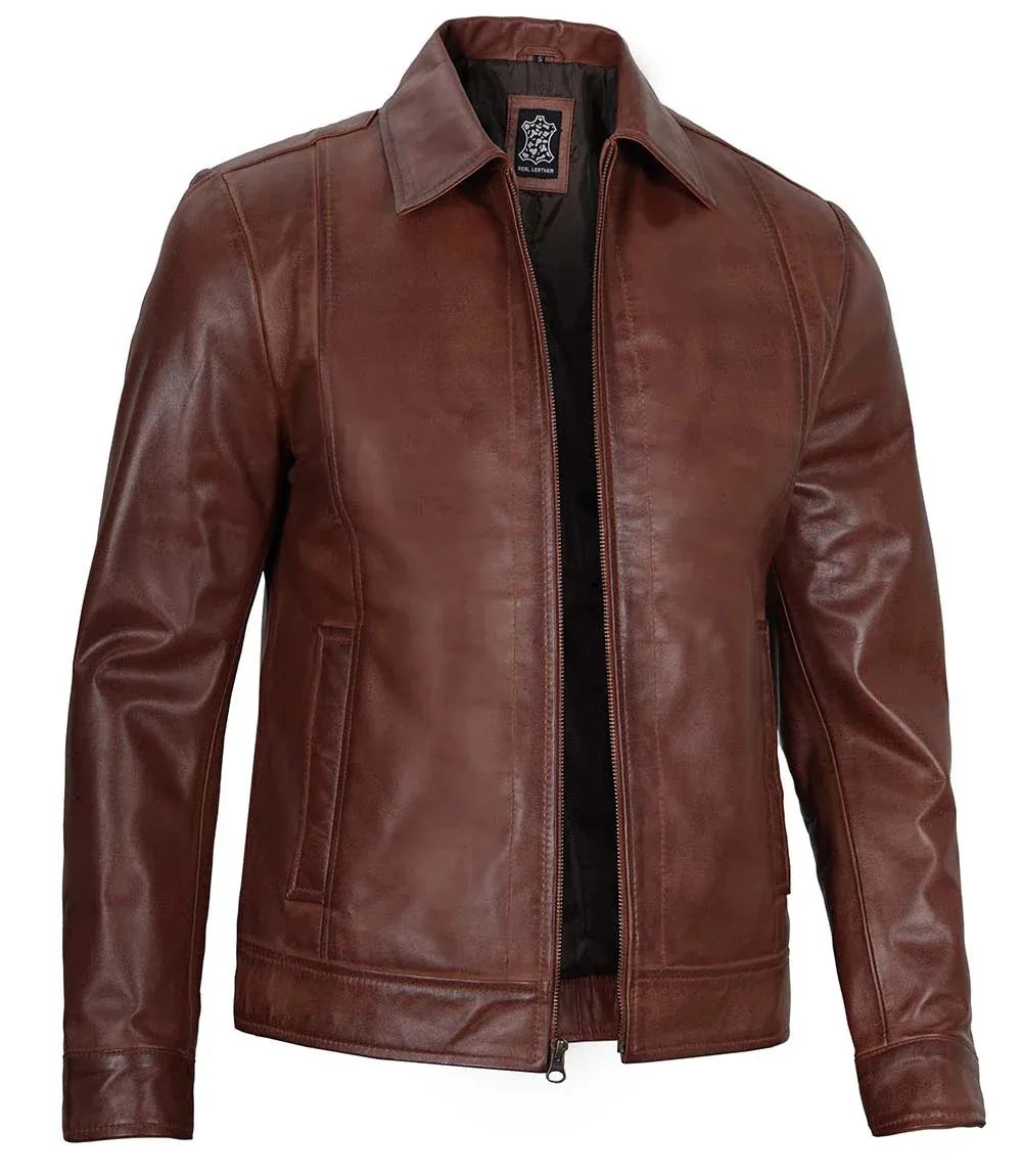 Mens Reeves Brown Real Leather Biker Jacket