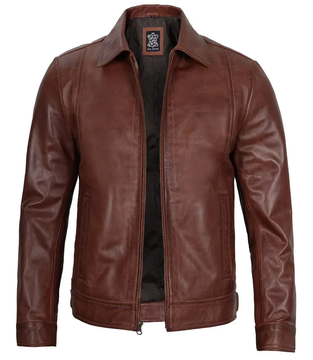 Mens Reeves Brown Real Leather Biker Jacket