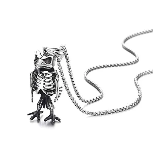 Mens Steel Retro Owl Woodpecker Skeleton Bone Pendant Necklace, Gothic Style, 30 inches Wheat Chain