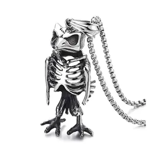 Mens Steel Retro Owl Woodpecker Skeleton Bone Pendant Necklace, Gothic Style, 30 inches Wheat Chain