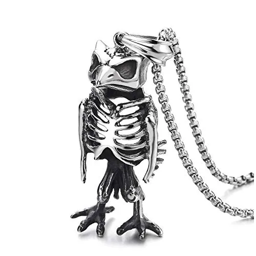 Mens Steel Retro Owl Woodpecker Skeleton Bone Pendant Necklace, Gothic Style, 30 inches Wheat Chain