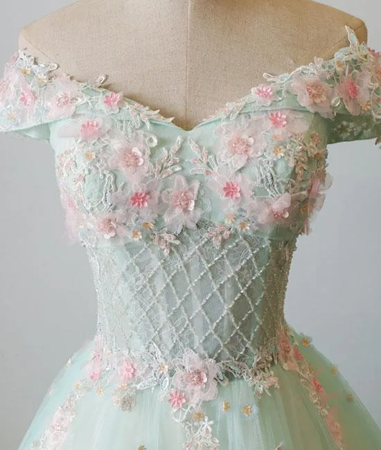 Mint V Neck Tulle Beads Long Prom Dress