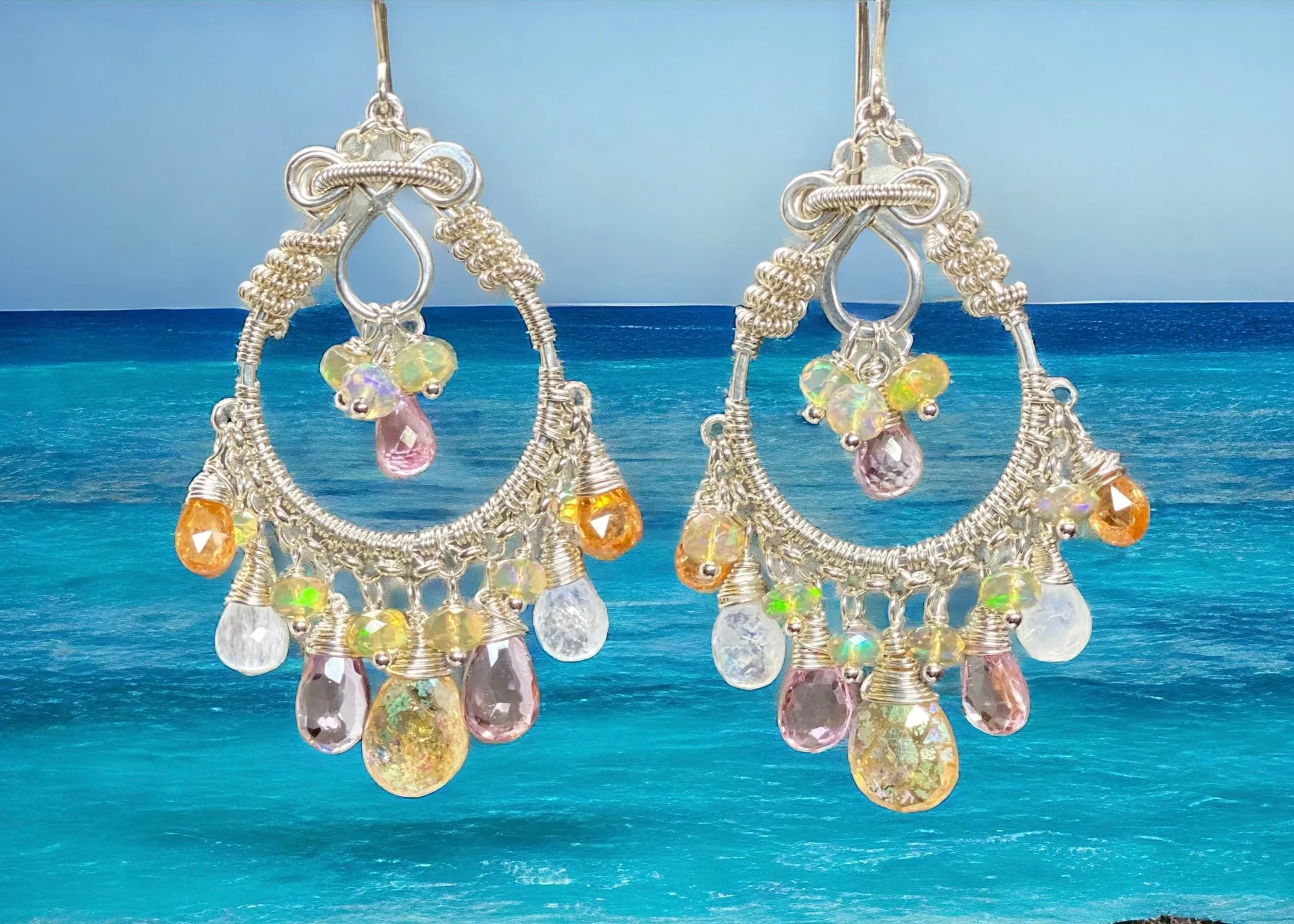 Mystic Citrine Moonstone Opal Pink Topaz Hoop Earrings in Sterling Silver