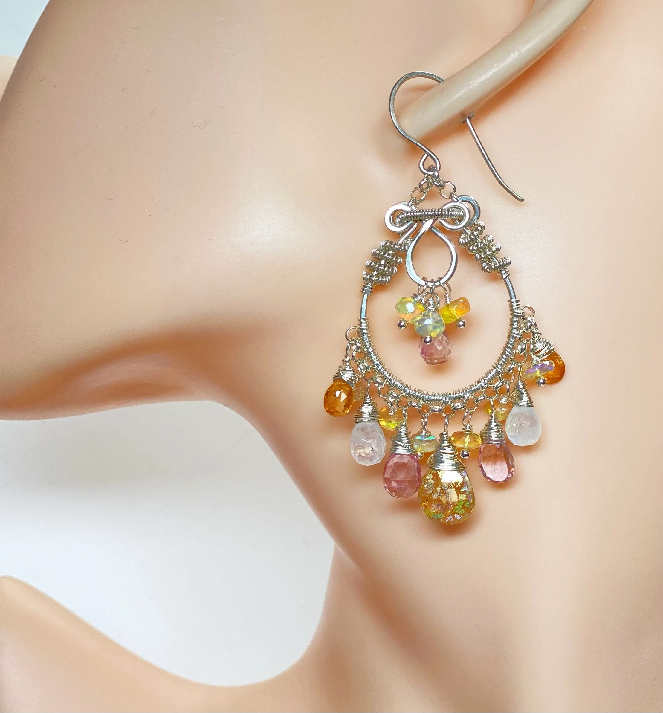 Mystic Citrine Moonstone Opal Pink Topaz Hoop Earrings in Sterling Silver