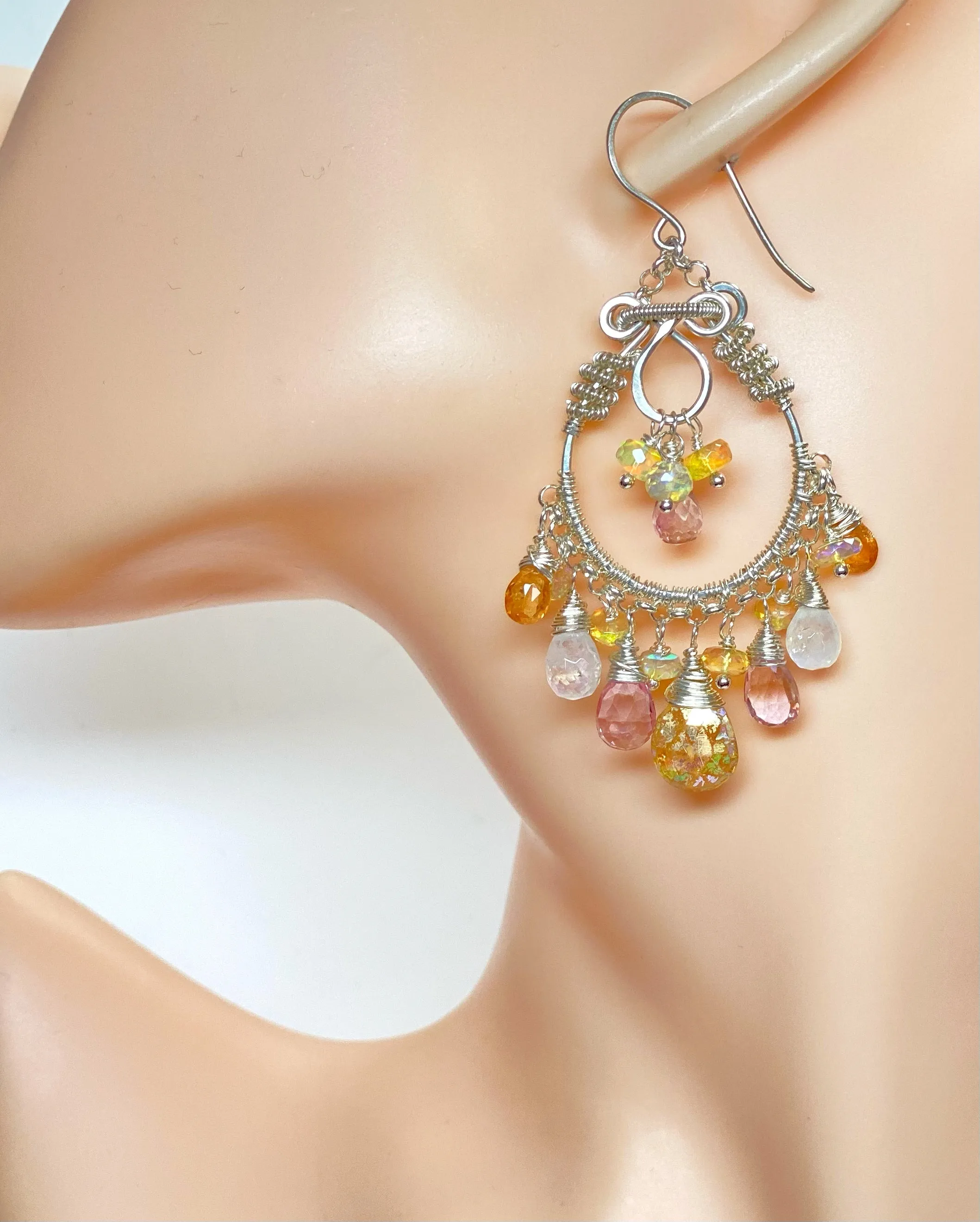 Mystic Citrine Moonstone Opal Pink Topaz Hoop Earrings in Sterling Silver