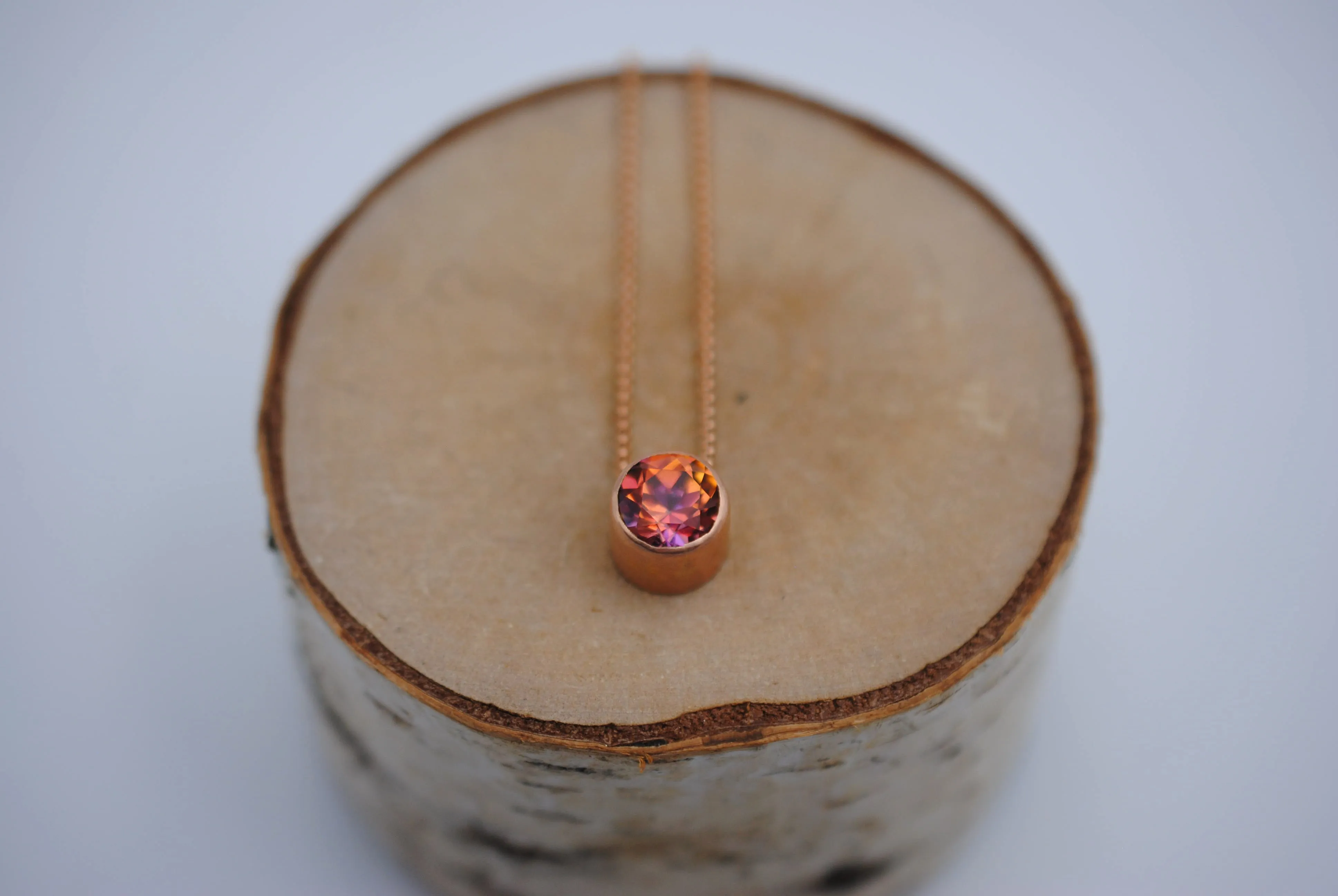 Mystic Topaz Necklace: Round Cut, Bezel, Rose Gold, Adjustable Chain