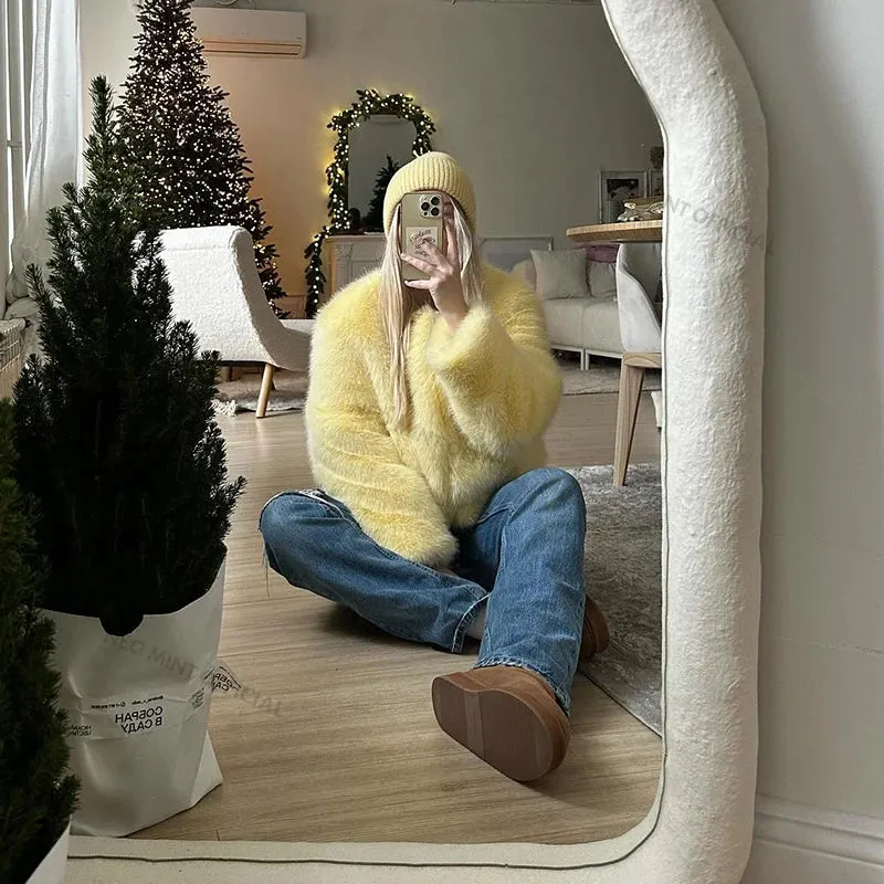 Neo Mint Cool Street Girls Winter Fashion Fluffy Fox Fur Jacket Women Casual Round Neck Faux Fur Coat Chic Thick Warm Outerwear