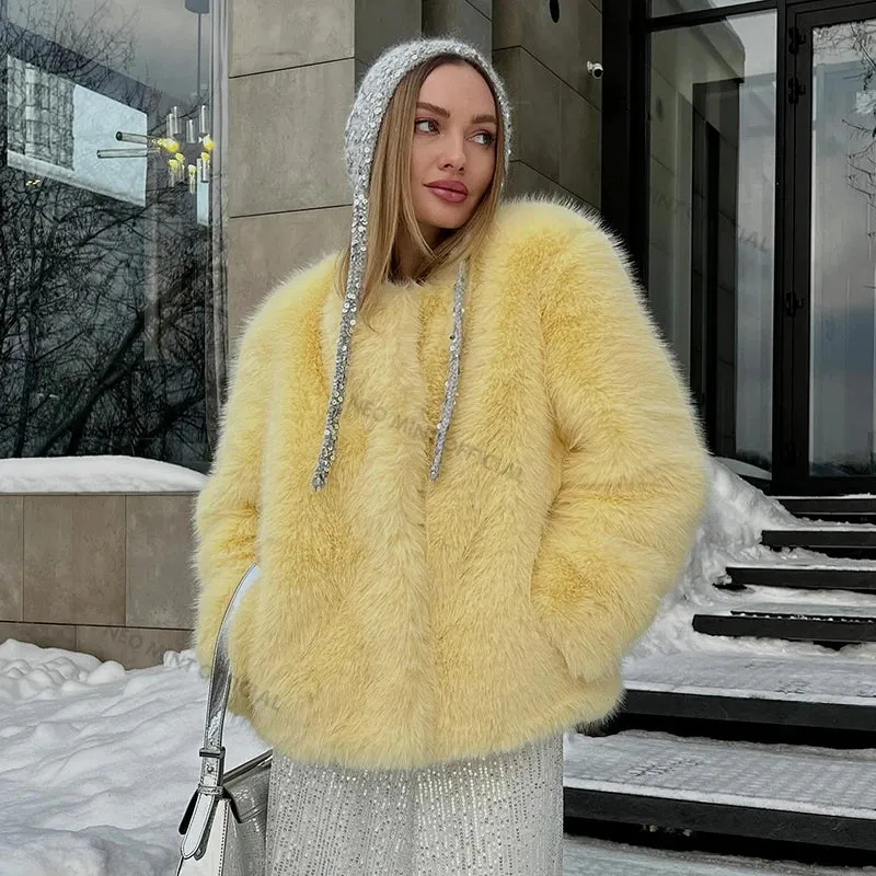 Neo Mint Cool Street Girls Winter Fashion Fluffy Fox Fur Jacket Women Casual Round Neck Faux Fur Coat Chic Thick Warm Outerwear