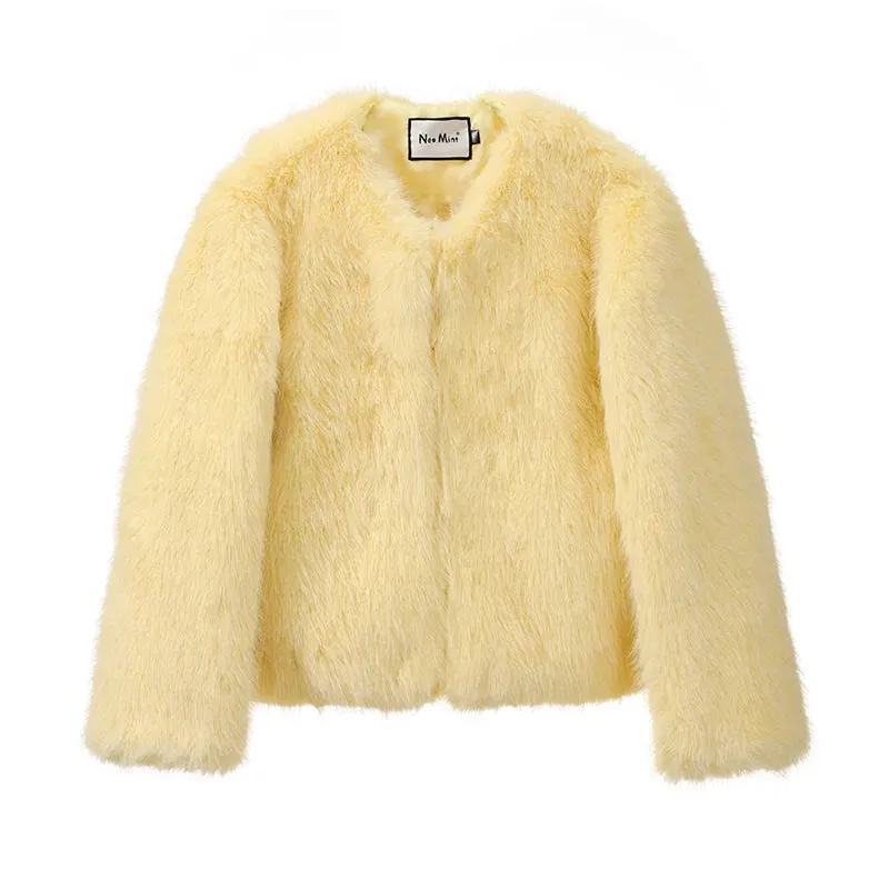 Neo Mint Cool Street Girls Winter Fashion Fluffy Fox Fur Jacket Women Casual Round Neck Faux Fur Coat Chic Thick Warm Outerwear