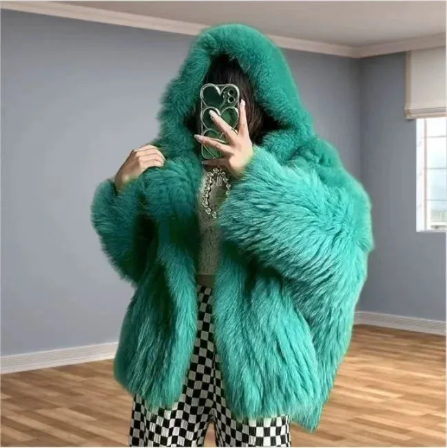 New Women Winter Faux Fox Fur Coat Short-length Loose Overcoat High-grade Foreign Atmosphere Jacket Hooded Warm Outwear