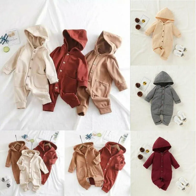 Newborn Clothing Solid Long Sleeve Hooded Button Pockets Romper Winter Warm Jumpsuit for Girls and Boys