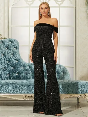 Off Shoulder Sequins Black Jumpsuits