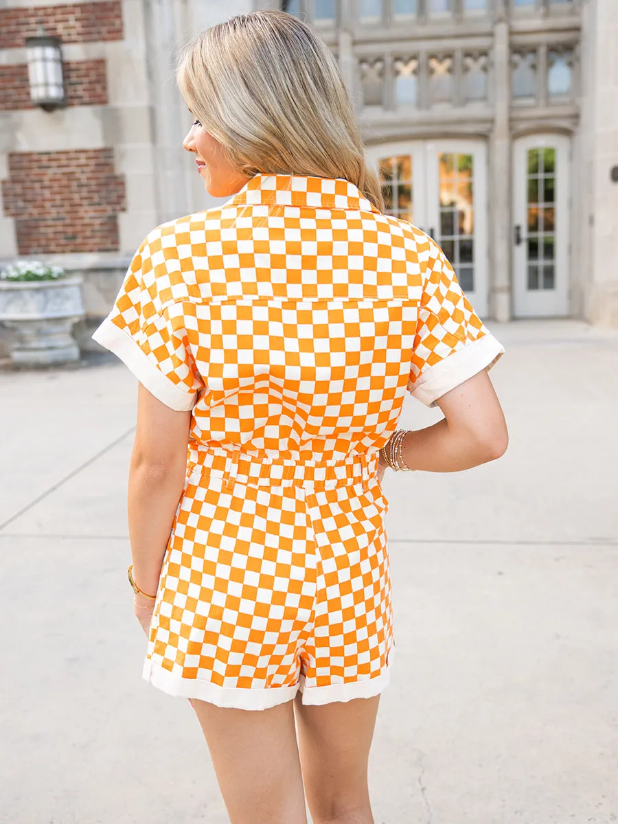 Orange and White Checkered Denim Romper