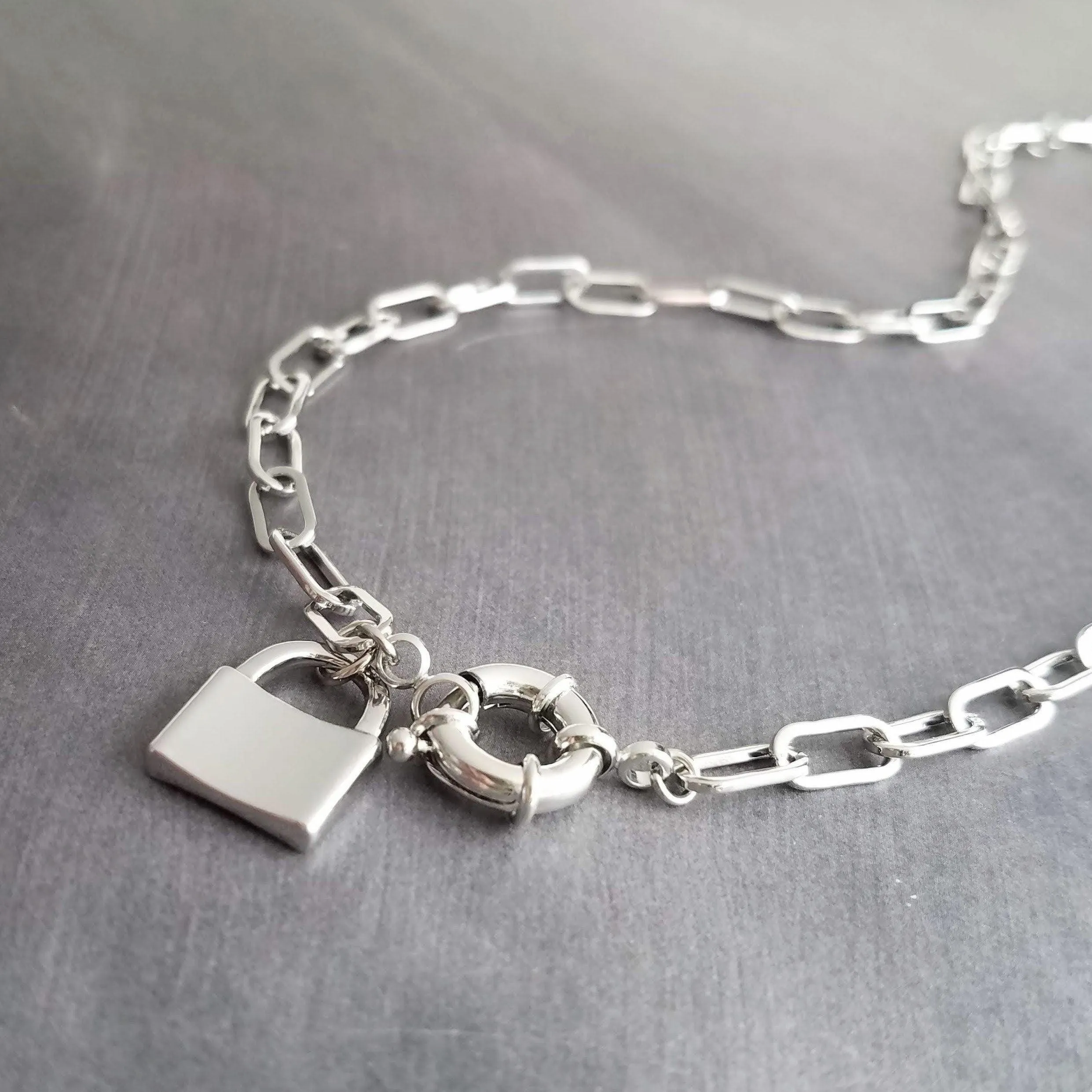 Oval Chain Necklace - stainless steel paperclip necklace, chunky chain, front clasp, large front clasp, sailor clasp, padlock necklace, lock
