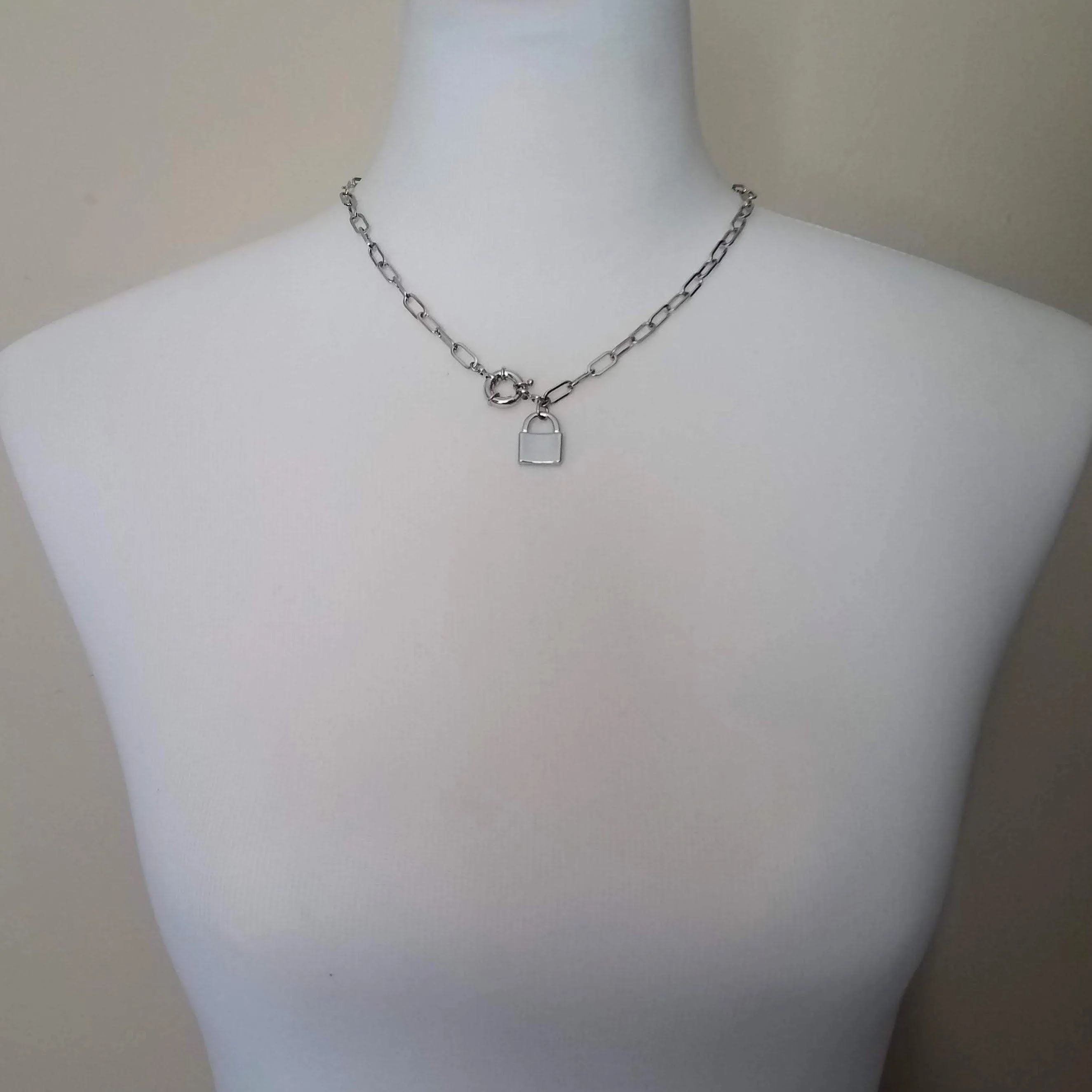 Oval Chain Necklace - stainless steel paperclip necklace, chunky chain, front clasp, large front clasp, sailor clasp, padlock necklace, lock