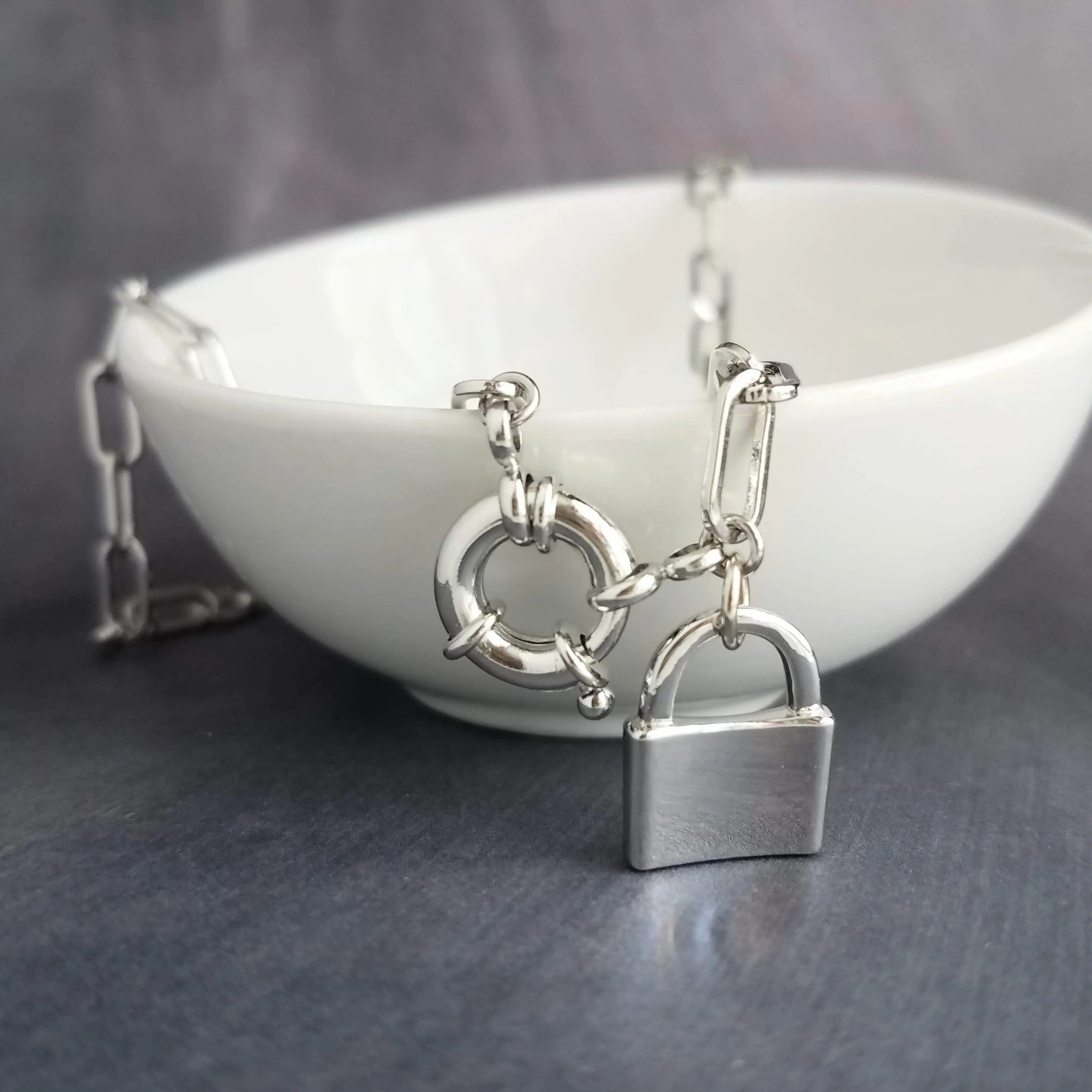 Oval Chain Necklace - stainless steel paperclip necklace, chunky chain, front clasp, large front clasp, sailor clasp, padlock necklace, lock