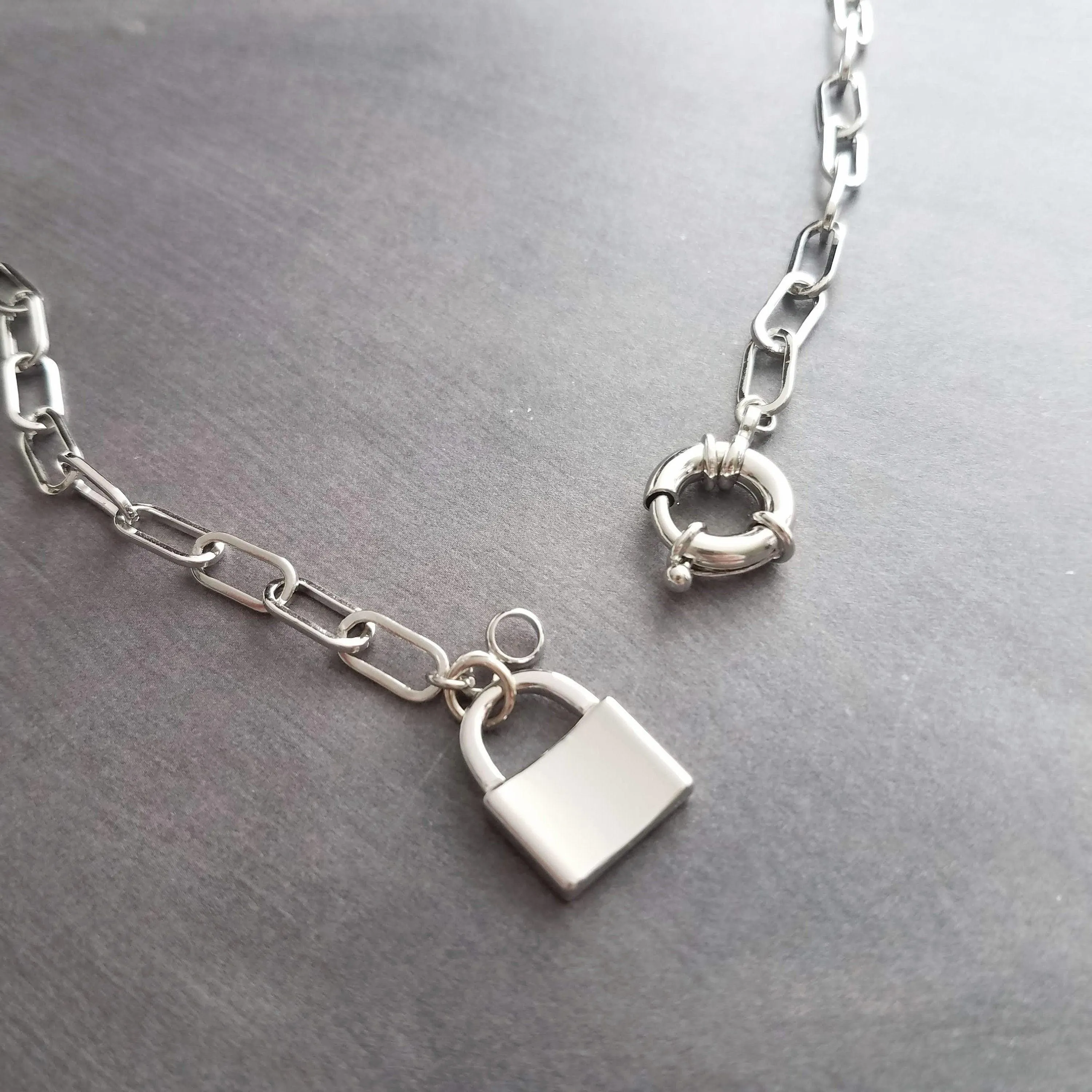 Oval Chain Necklace - stainless steel paperclip necklace, chunky chain, front clasp, large front clasp, sailor clasp, padlock necklace, lock