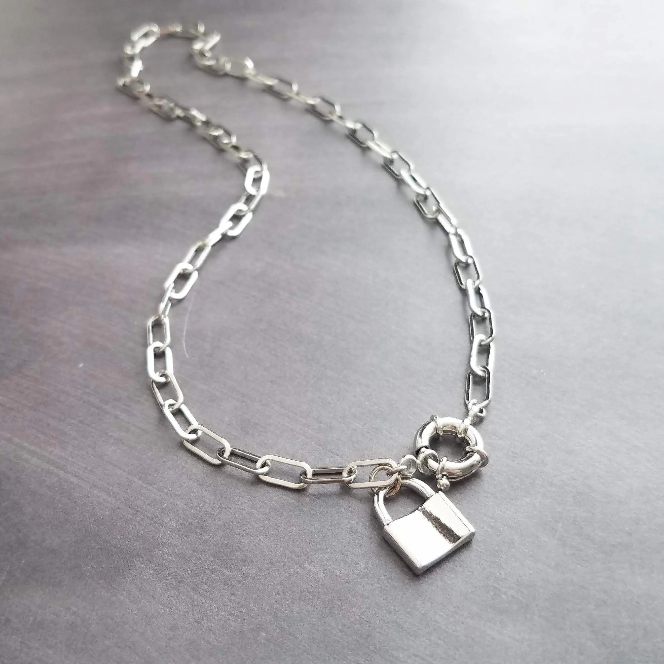 Oval Chain Necklace - stainless steel paperclip necklace, chunky chain, front clasp, large front clasp, sailor clasp, padlock necklace, lock