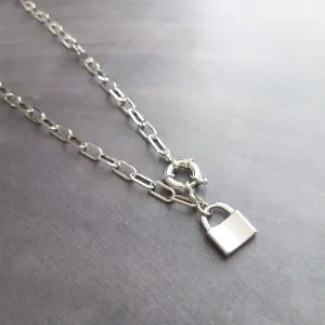 Oval Chain Necklace - stainless steel paperclip necklace, chunky chain, front clasp, large front clasp, sailor clasp, padlock necklace, lock
