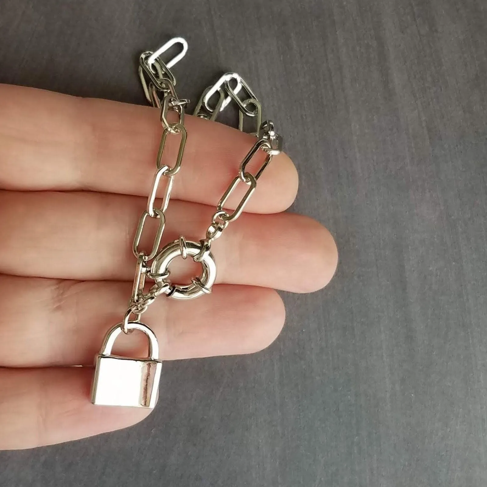 Oval Chain Necklace - stainless steel paperclip necklace, chunky chain, front clasp, large front clasp, sailor clasp, padlock necklace, lock