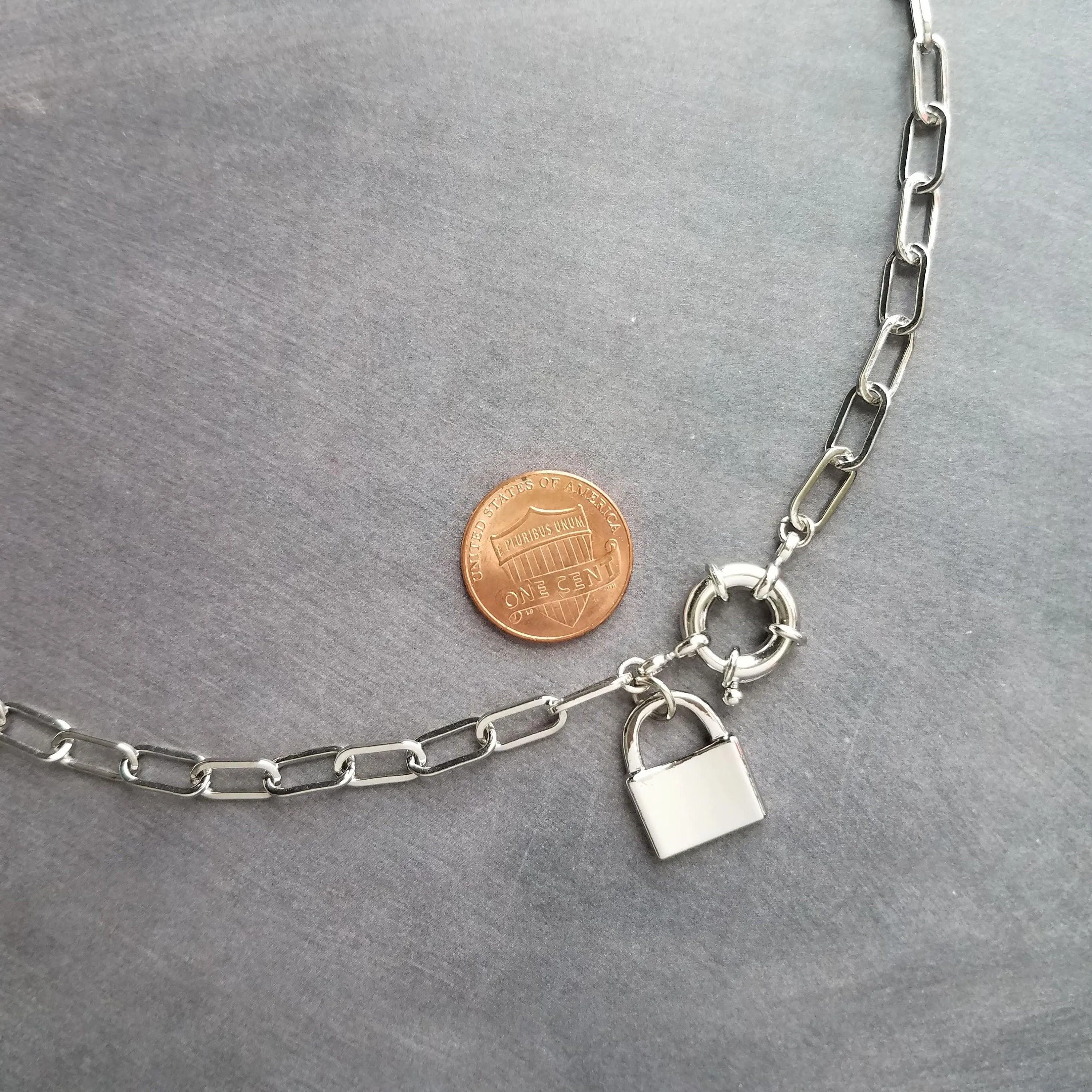 Oval Chain Necklace - stainless steel paperclip necklace, chunky chain, front clasp, large front clasp, sailor clasp, padlock necklace, lock