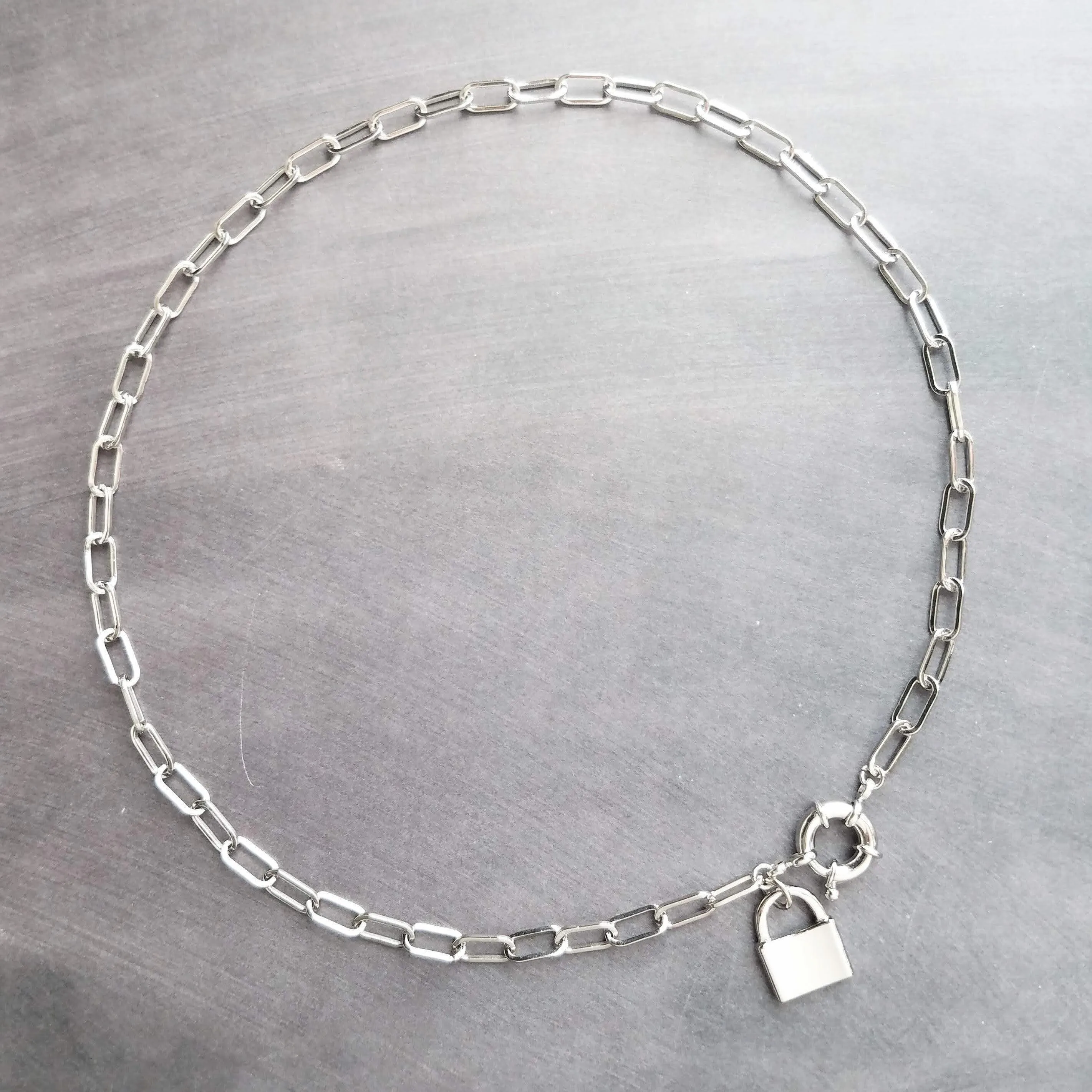 Oval Chain Necklace - stainless steel paperclip necklace, chunky chain, front clasp, large front clasp, sailor clasp, padlock necklace, lock