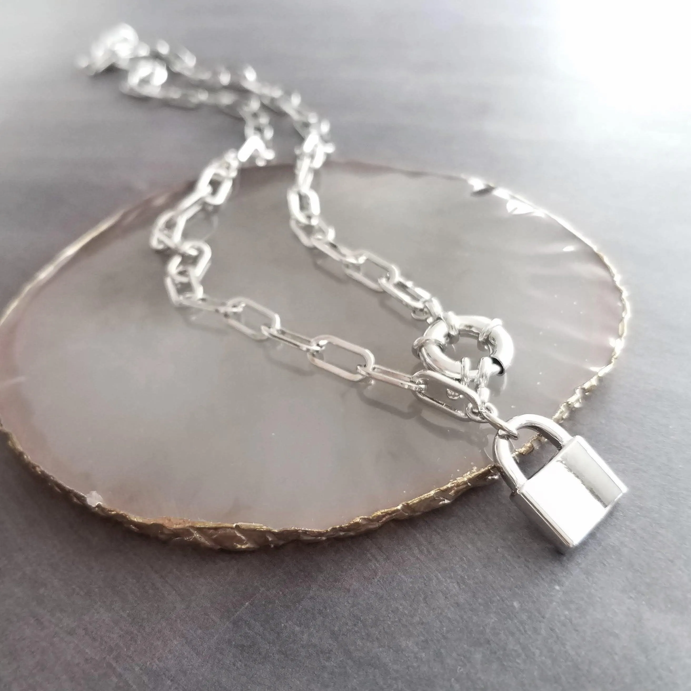 Oval Chain Necklace - stainless steel paperclip necklace, chunky chain, front clasp, large front clasp, sailor clasp, padlock necklace, lock