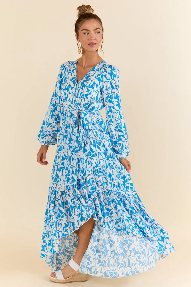 Palmetto Paradise Blue and White Long Sleeve Maxi Dress