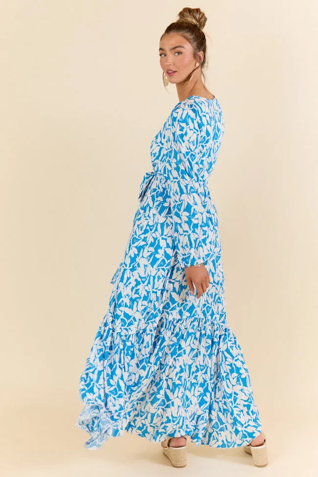 Palmetto Paradise Blue and White Long Sleeve Maxi Dress